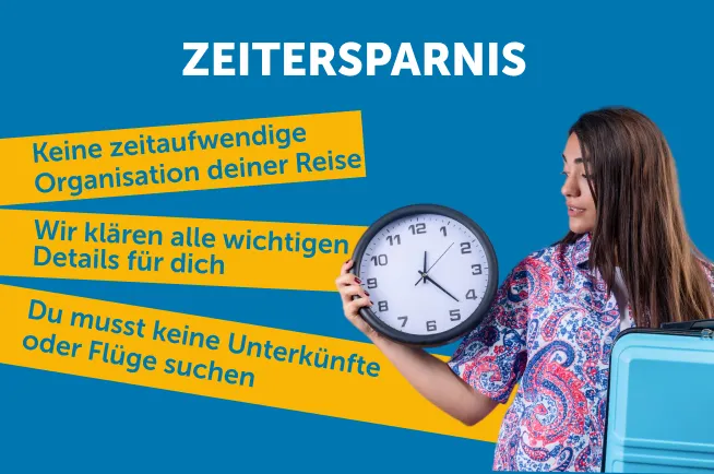 Grafik mit einer Frau und einer analogen Uhr in ihrer Hand