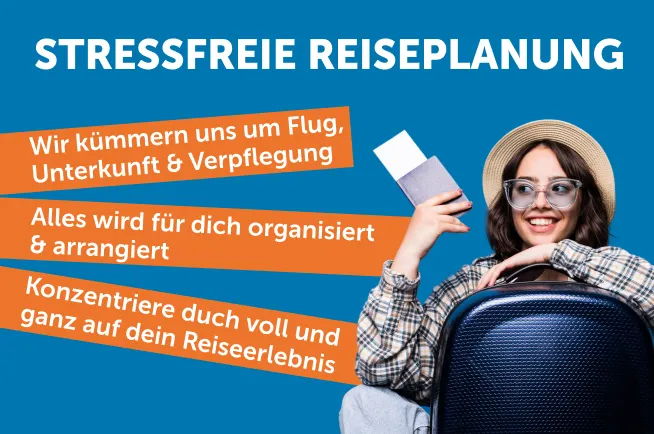 Grafik mit einer reisenden Frau und ihrem Koffer