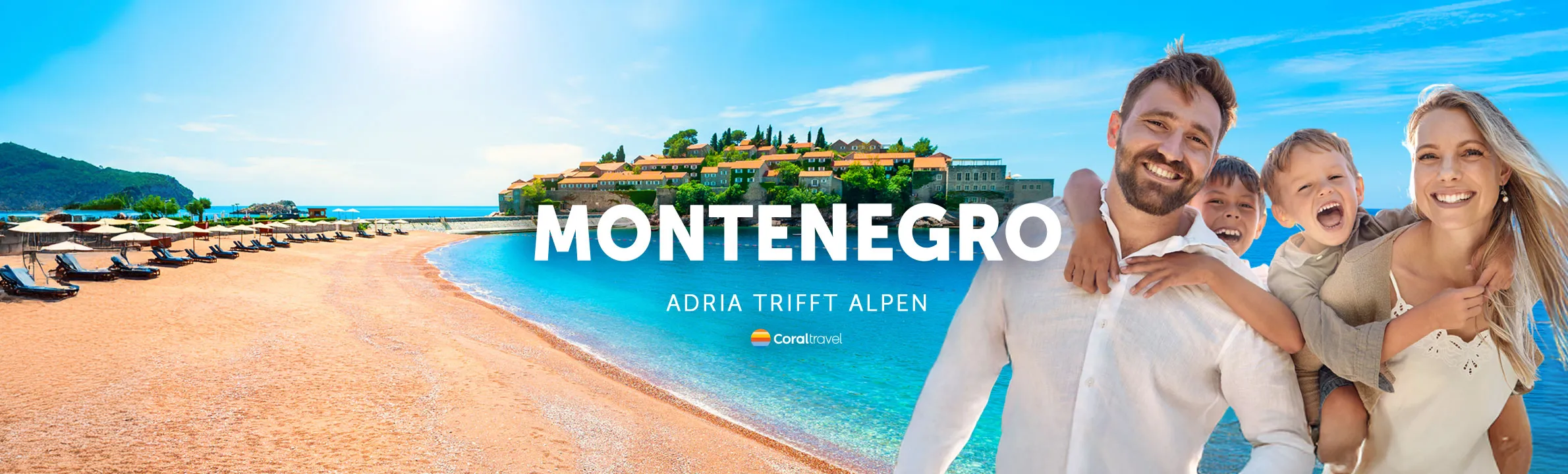 Mann, Frau und zwei Kinder im Vordergrund mit kleiner Insel in Montenegro im Hintergrund