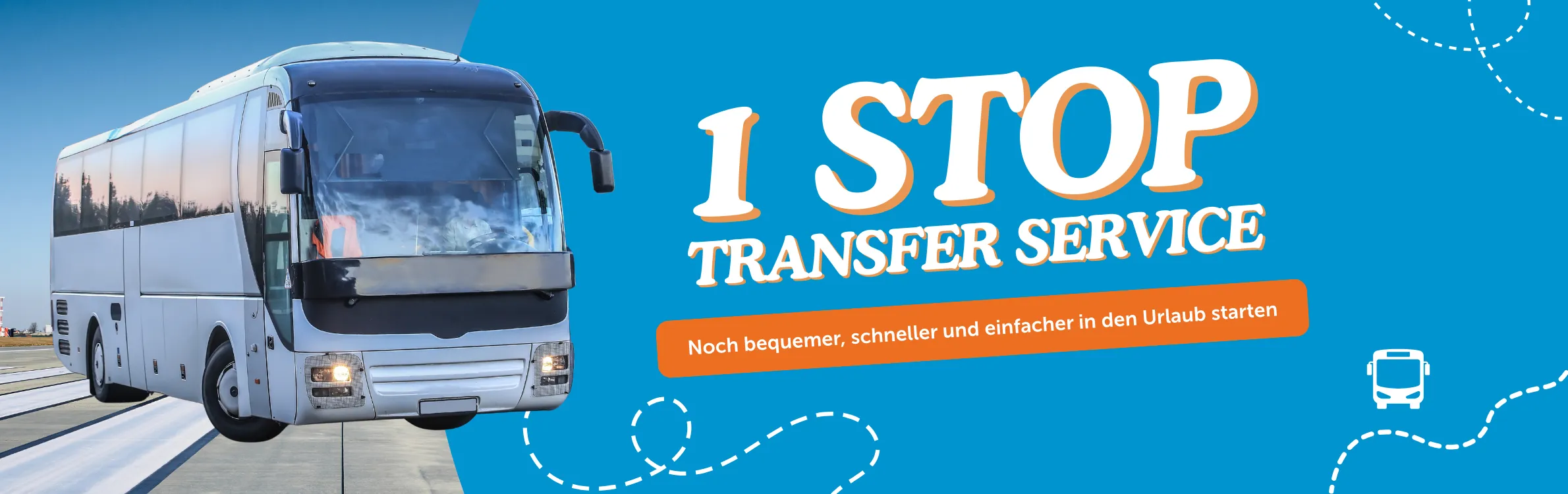 Reisebus auf blauem Hintergrund mit Textüberschrift