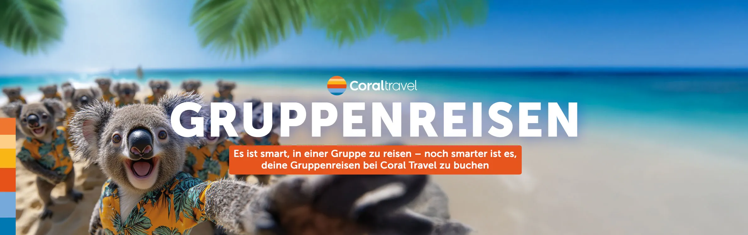 Koalas mit einem Sommerhemd schauen lächelnd in die Kamera am Strand